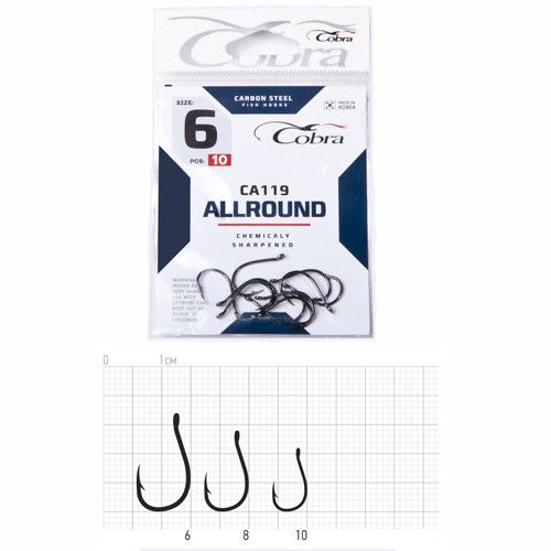 Крючки рыболовные Cobra Кобра ALLROUND сер. CA119 разм. 010 10 шт в упаковке.
