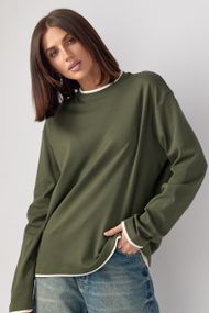 Жіночий лонгслів oversize з контрастною окантовкою по краях - хакі цвет, ONE SIZE (є розміри)