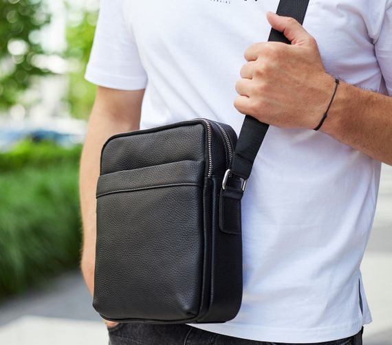 Чоловіча сумка-мессенджер на два відділення шкіряна чорна Tiding Bag 7459 | Зображення 2