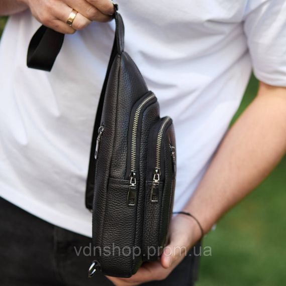 Сумка слінг чоловіча через плече 19х31х7, нагрудна сумочка рюкзак з натуральної шкіри TIDING BAG 32545 чорна | Зображення 5