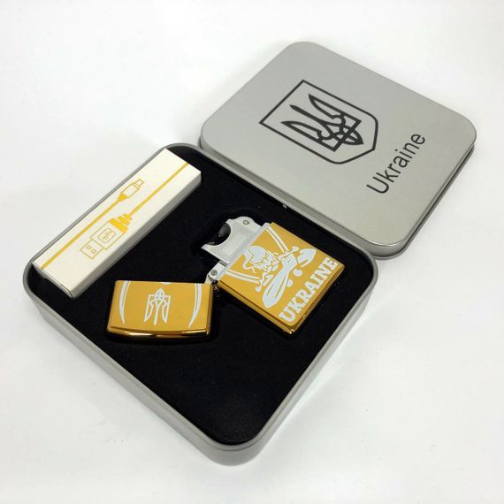 Дугова електроімпульсна запальничка USB Україна (металева коробка) HL-449. Колір: золотий | Зображення 1