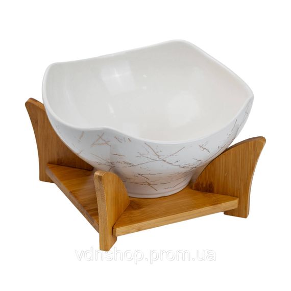 Салатница га бамбуковой пподставке  с вилкой и ложкой 22*22*14 см Белый HP1228 | Зображення 4