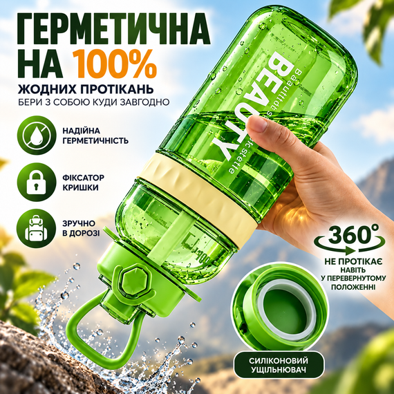 Пляшка Beauty 1500 мл для активного відпочинку з трубочкою та стильним ременем Салатова | Зображення 2