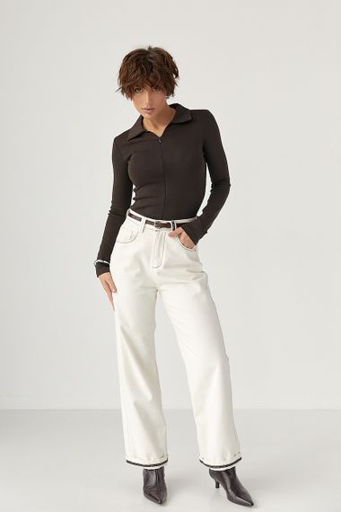 Приталений лонгслів-поло на блискавці - темно-коричневий цвет, L (є розміри) | Зображення 2