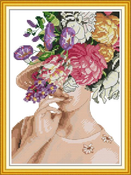Набір для вишивання за нанесеною на канву схемою  "Flower bowler hat". AIDA 14CT printed 21*30 см