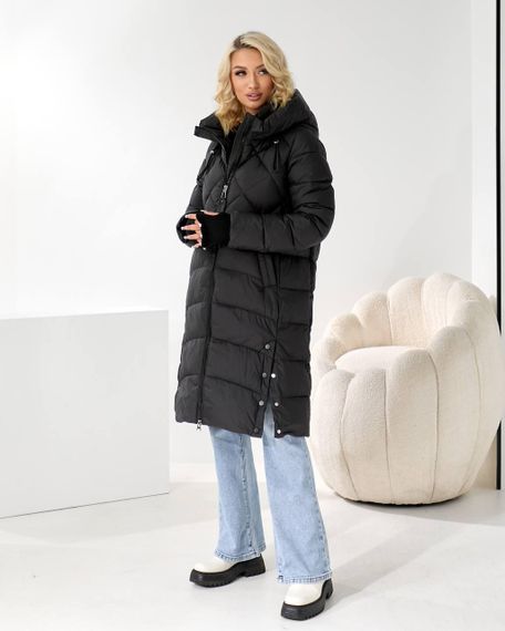 Пуховик жіночий чорний зимовий довгий стьобаний люкс якість | Зображення 2