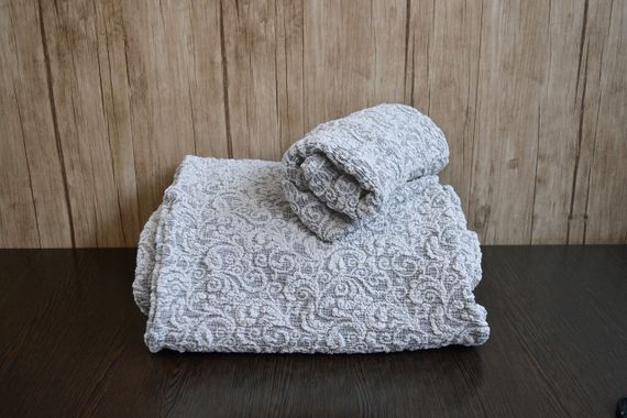 Жаккардовый чехол на диван + 2 кресла с юбкой Светло-серый | Зображення 2