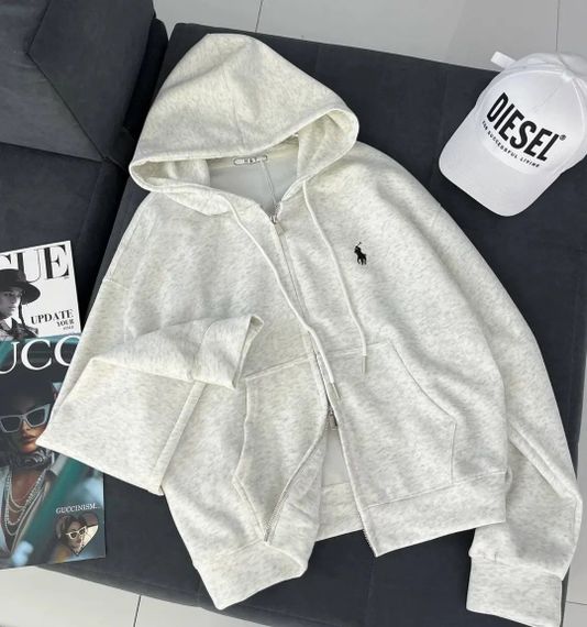 Жіноче зип-худі толстовка оверсайз з подвійною блискавкою з капюшоном та кишенями колір білий меланж розмір 42/48 HI2761