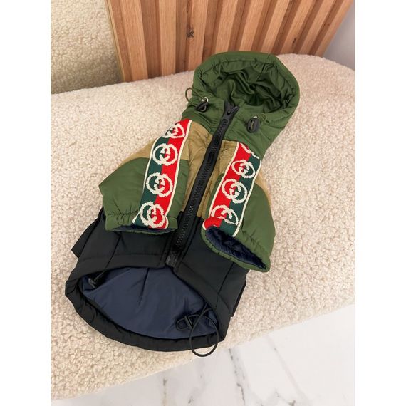 Брендовая зимняя куртка для собак GUCCI с капюшоном на змейке, зеленая | Зображення 2