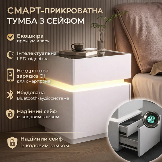 Тумба з екошкіри XXF02 Біла з LED-підсвіткою, сейфом, бездротова зарядка, Bluetooth-аудіо 40х40х51