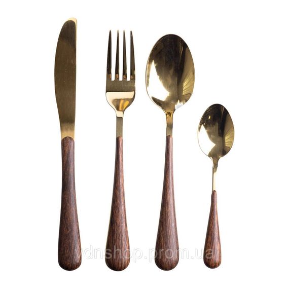 Набор столовых приборов на 6 персон с деревянными ручками на подставке столовые приборы 24 шт Золото HP-20-2 | Зображення 5