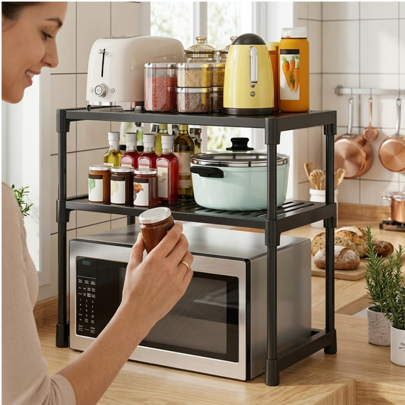 Кухонная полка для микроволновки, 2 яруса, (62х55х30.5см), Черная / Полка под микроволновку / Стеллаж для кухни | Зображення 7