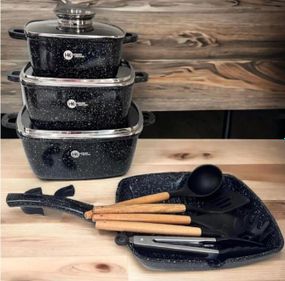 Набір каструль сотейник квадратна сковорода Higer Kitchen НК-317 з лопатками 14 предметів Чорний