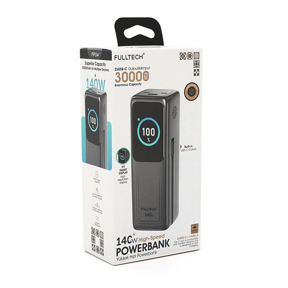 Powerbank Fulltech FP34 30000mAh, Fast charge PD140W, Li-pol, LCD Display, Вхід:Type-C, Виходи: 2xUSB Type-C, 1xUSB Type-A, USB | Зображення 1