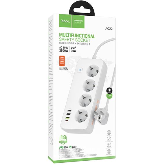 Удлинитель Hoco AC22 Sunlight (PD30W/1C/3A/4xSocket) (1.5m) White | Зображення 1