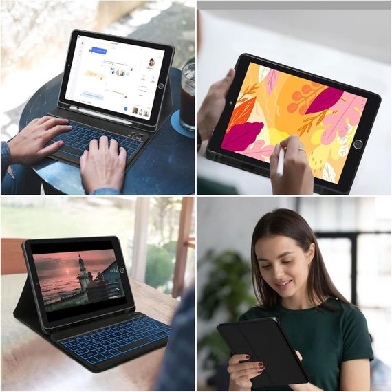 Чохол з Bluetooth-клавіатурою для iPad 10.2" 7 8 9 покоління, iPad Air 3 2019, iPad Pro 2017 10.5" з підсвіткою чорна іспанська | Зображення 1