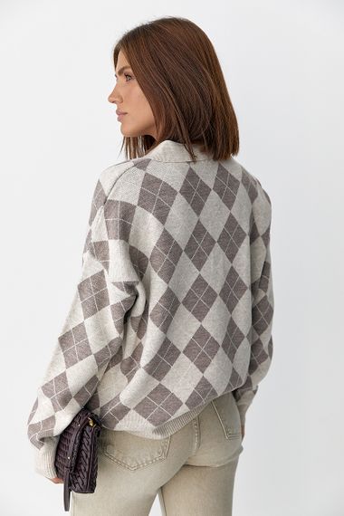 Вільний светр-поло з ромбами - бежевий цвет, ONE SIZE (є розміри) | Зображення 1