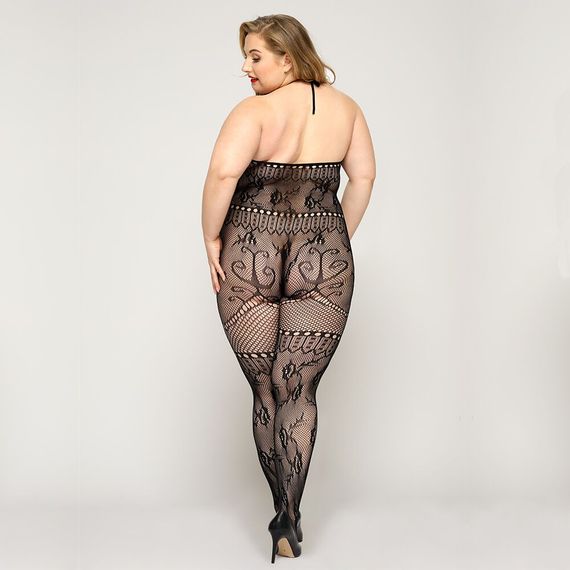 Мереживний бодістокінг JSY «Гаряча Хейлі» Plus Size, Black, халтер, імітація панчіх, відкритий досту | Зображення 1
