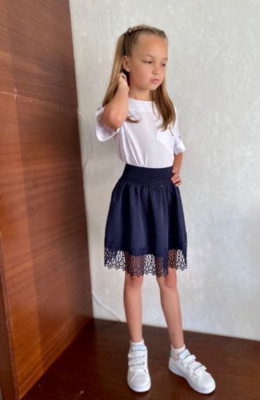 Детская школьная юбка на девочку с кружевом и высокой посадкой цвет темно-синий размер 140, SBR325 | Зображення 1