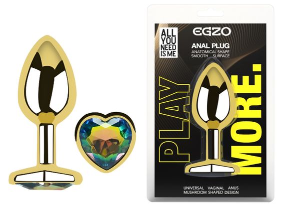 Анальна пробка з кристалом EGZO - Gold Heart Plug Rainbow size M Sex Aura