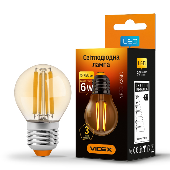 Лампа G45 6W E27 2200К 220V Filament A LED Videx
