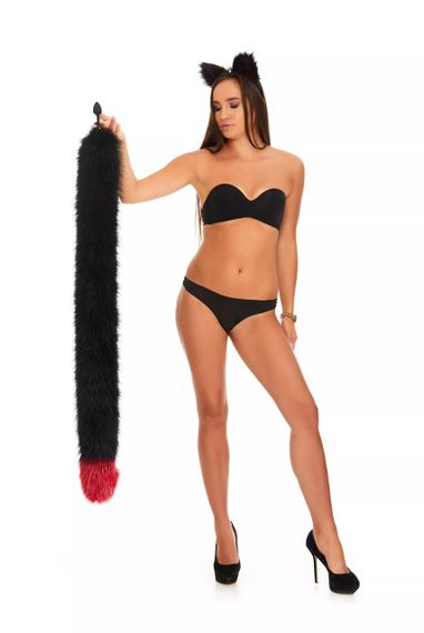 Анальний хутряний хвіст без пробки, Чорний з темно-червоним кінчиком, OKOVA 100 см. sexstyle | Зображення 4