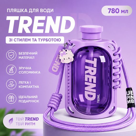 Бутылка для воды TREND 780 мл фиолетовая с силиконовым чехлом, соломинкой и ремешком