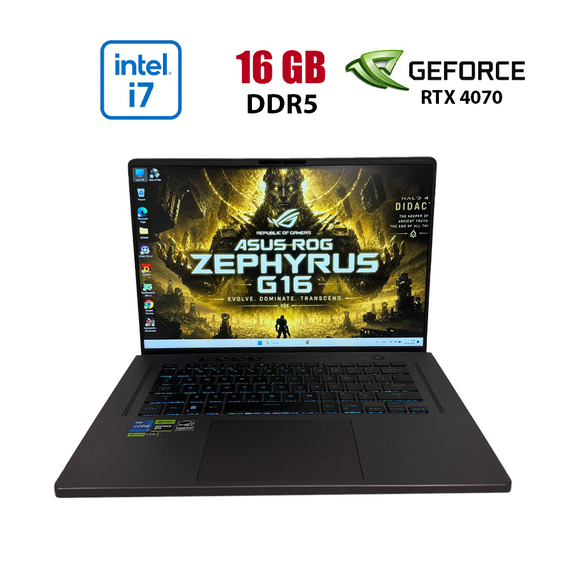 Ігровий ноутбук Asus ROG Zephyrus G16 GU603VI / 15.6" (1920x1080) IPS / Intel Core i7-13620H (10 (16) ядер по 3.6 - 4.9 GHz) / 16 GB DDR5 / 512 GB SSD M.2 / nVidia GeForce RTX 4070, 8 GB GDDR6, 128-bit / WebCam б/в
