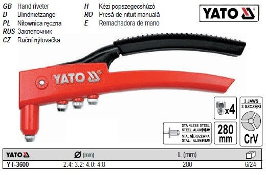 Заклепочник ручной YATO Польша Ø=2,4/3,2/4,0/4,8 l=280 мм YT-3600