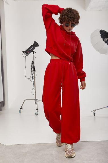 Спортивний костюм із худі та прямими штанами зі швами навиворіт - червоний цвет, M (є розміри)
