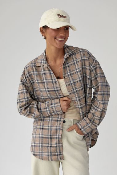 Картата сорочка з напівкруглим низом на ґудзиках - світло-коричневий цвет, S (є розміри)