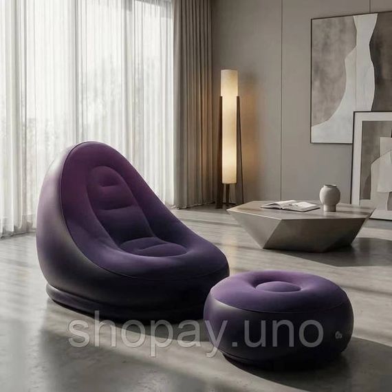 Надувное кресло с пуфом для отдыха AIR SOFA велюровое Purple DX-26 | Зображення 7