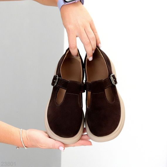 Замшеві демі туфлі на ремінці натуральна замша низький хід колір Шоколад | Зображення 4