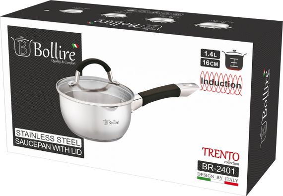 Кухонний ковш Bollire BR-2401, 1.4 л, 16 см, з нержавіючої сталі з кришкою, для всіх типів плит | Зображення 2