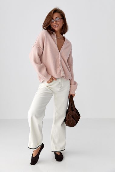 Теплий в'язаний кардиган на ґудзиках - пудра цвет, ONE SIZE (є розміри) | Зображення 2