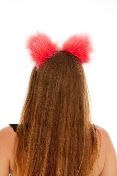 Хутряні вушка кішки з бантиком, Яскраво-рожеві з персиковим OKOVA sexstyle | Зображення 1