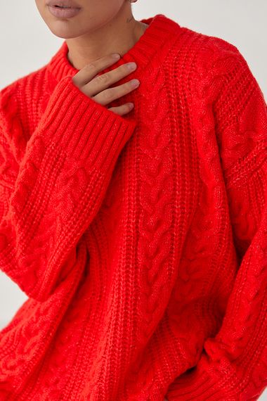 В'язана жіноча кофта в косички - червоний цвет, ONE SIZE (є розміри) | Зображення 3