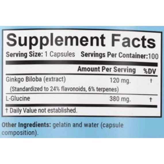 Гінко білоба GARO Nutrition Ginkgo Biloba + L-Glucine 120 mg 100 Caps | Зображення 1