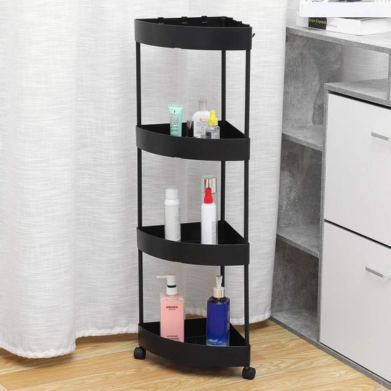Кутовий стелаж для ванної кімнати на 4 яруси, (85х28х22см), Чорний / Полиця для ванної на коліщатках