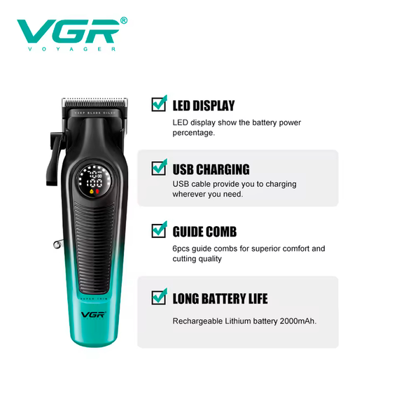 Акумуляторна машинка для стрижки VGR V-196 GREEN, 6 насадок, 7000 RPM, 2000 mAh, LED дисплей | Зображення 3