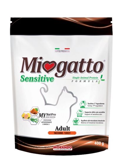 Корм Morando Miogatto Sensitive Turkey Monoprotein сухой с индейкой для взрослых котов 0.4 кг