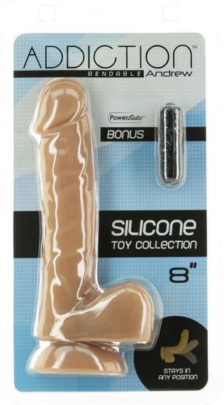 Гнучкий фалоімітатор на присосці ADDICTION — ANDREW 8″ Silicone Dong — Caramel, віброкуля в подаруно | Зображення 5