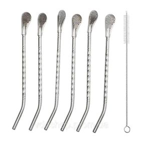 Набор многоразовых ложек-трубочек 6 шт для напитков 19.5 см с щеткой для мытья из нержавеющей стали Серый HP-20-54