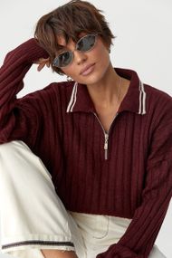В'язана кофта-поло в широкий рубчик - бордо цвет, ONE SIZE (є розміри)