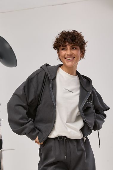 Спортивний костюм вільного фасону з вишитим написом - темно-сірий цвет, S/M (є розміри) | Зображення 2