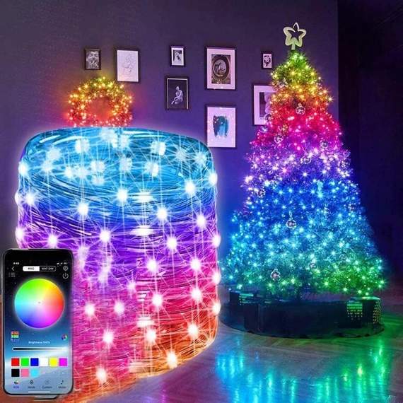 Светодиодная умная гирлянда Smart Роса RGB 100 LED с Bluetooth для елки от USB 10м