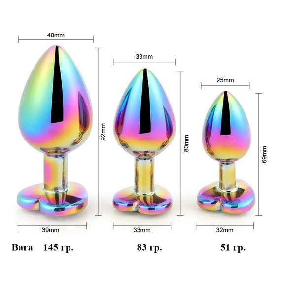 Набір металевих анальних пробок райдужного кольору з кристалами (розмір S,M,L) | Зображення 1