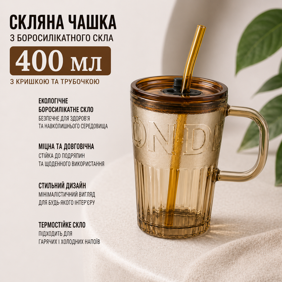 Стеклянная чашка 400 мл с ручкой, крышкой и многоразовой трубочкой, термостойкий для холодных и горючих напитков, коричневая
