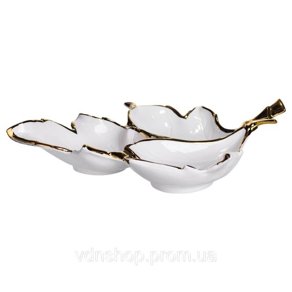 Менажница фарфоровая на 3 секции для закусок 37×28×7.5 (см) тарелка менажница Белый с золотом ZBSY-14 | Зображення 1