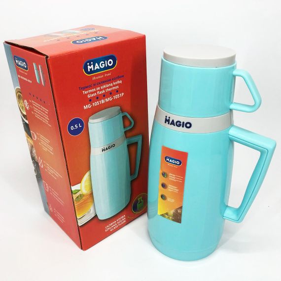 Термос Magio MG-1051B со стеклянной колбой, Хороший небольшой термос, Термос для воды. Цвет: голубой | Зображення 9